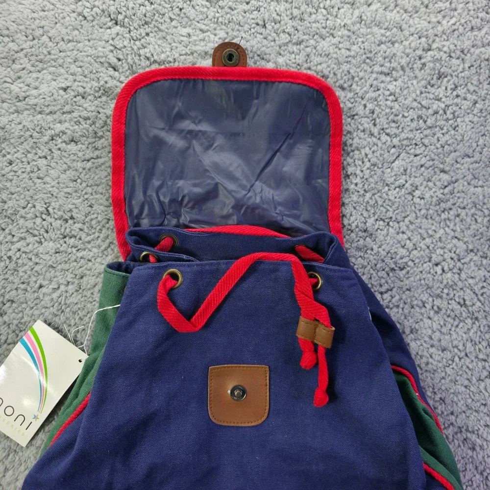 Moni Accessories Vintage Colorblock Canvas Backpack Navy Green Red Striped Strap